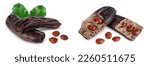 Ripe carob pods and bean isolated on white background with full depth of field