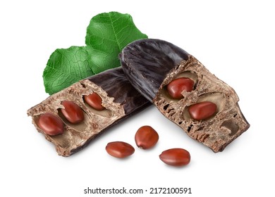 Ripe carob pods and bean isolated on white background with full depth of field