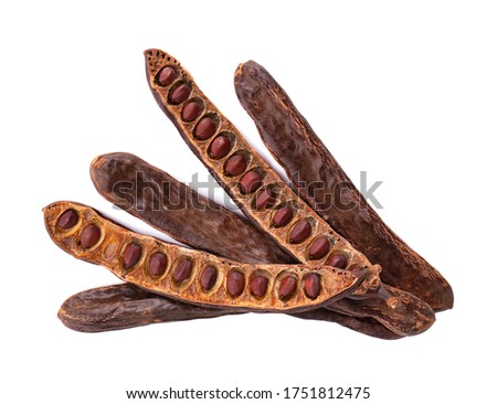 Ripe carob pods and bean isolated on white background. Top view.