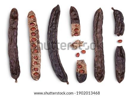 Ripe carob pods and bean isolated on white background with clipping path and full depth of field. Top view. Flat lay. Set or collection