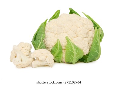 Ripe cauliflower with green leaves isolated on white background