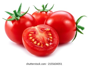 Ripe cherry tomatoes isolated on white background. Macro shot. Popular worldwide product as ingredient in many Mediterranean dishes. - Shutterstock ID 2155634351