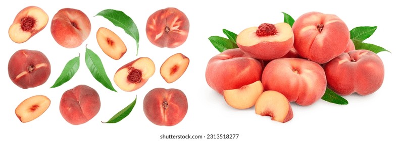 Ripe chinese flat peach fruit and half with leaf isolated on white background. Top view. Flat lay - Shutterstock ID 2313518277