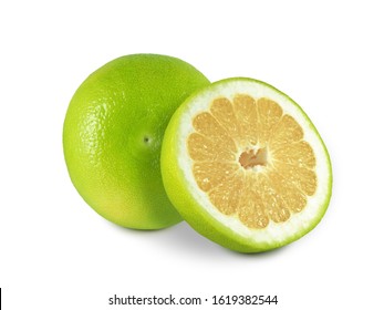 Ripe citrus fruit sweetie whole and cross section half isolated on white background                               