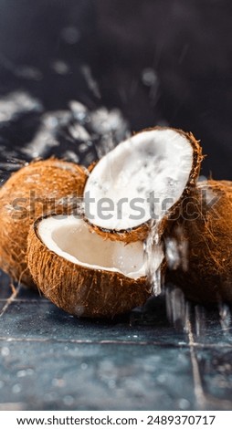 A ripe coconut, split in half, laying on a floor covered in coconut shavings and sprinkles