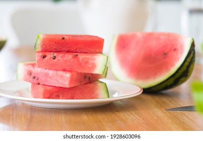 Ripe cut slices of watermelon on a plate, sliced watermelons, UK