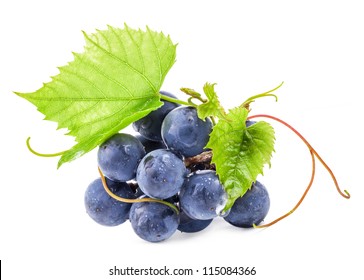 Ripe dark grapes with leaves, Isolated on white background, with clipping paths