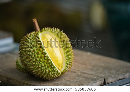 Ripe durian on table under tree shadow in the garden background.Durian is the fruit of several tree species belonging to the genus Durio. Durian taste is combination of  sweet and creamy all at once.