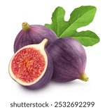 Ripe fig and half of fig with leaf isolated on white background