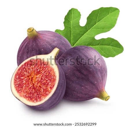 Ripe fig and half of fig with leaf isolated on white background