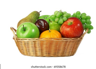 Ripe Fresh Fruit In Basket Isolated On White Background