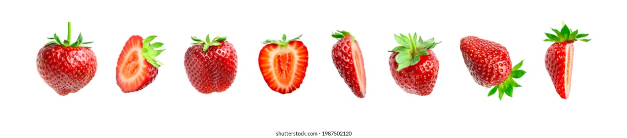 Ripe fresh red strawberry isolated on white background. Strawberry collection. Summer delicious sweet berry organic fruit, food, diet, vitamins, creative layout. Whole and chopped strawberries - Powered by Shutterstock