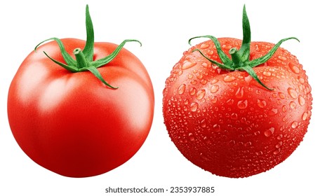 Ripe fresh red tomato with water drop and without isolated on white background with clipping path. Full Depth of Field - Powered by Shutterstock