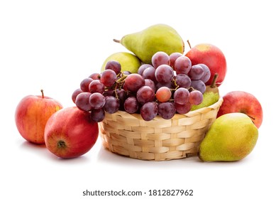 Ripe fruits apples, pears and grapes in a wicker basket. Isolate on white background - Powered by Shutterstock