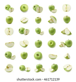 Ripe green apple isolated over the white background, set of multiple foreshortenings and compositions