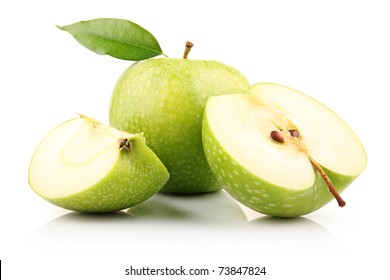 Ripe Green Apple With Slices Isolated On White Background