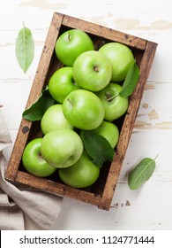 Ripe Green Apples In Wooden Box. Top View