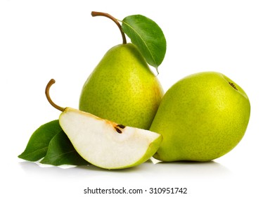 Ripe green pears isolated with leaves isolated on white - Shutterstock ID 310951742