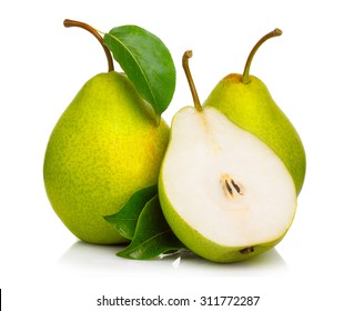 Ripe green pears isolated with leaves isolated on white - Shutterstock ID 311772287