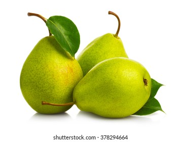 Ripe green pears isolated with leaves isolated on white - Shutterstock ID 378294664
