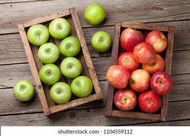 Ripe Green And Red Apples In Wooden Box. Top View