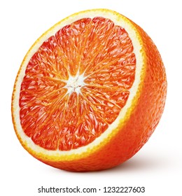 Ripe half of blood red orange citrus fruit isolated on white background with clipping path. Full depth of field.
