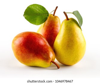 Ripe juicy pears with leaves, close-up, isolated on white background - Shutterstock ID 1046978467