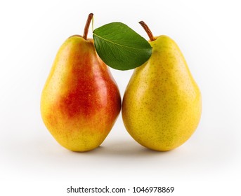 Ripe juicy pears with leaves, close-up, isolated on white background - Shutterstock ID 1046978869