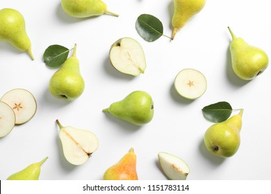 Ripe juicy pears on white background, top view - Shutterstock ID 1151783114