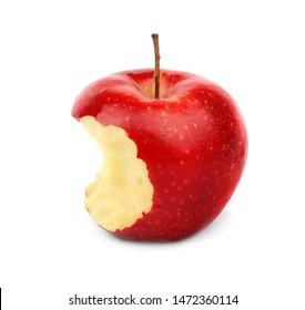 Ripe juicy red apple with bite mark on white background