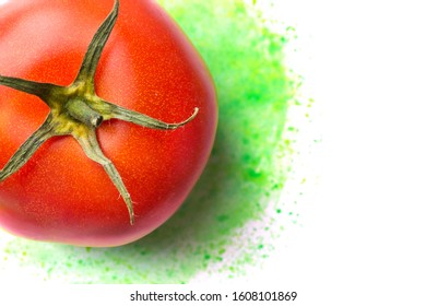 Ripe Juicy Red Tomato On Hand Drawn Green Yellow Watercolor Background. Creative Food Art Poster. Healthy Plant Based Diet Vitamins Summer Concept