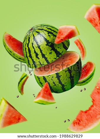Ripe and juicy watermelon falling in the air isolated on a pastel green background. Creative food concept. Fresh exotic fruit composition.
