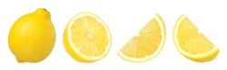 Ripe Lemon Fruit, Half And Slice Lemon Isolated, Fresh And Juicy Lemon, Collection, Cut Out	