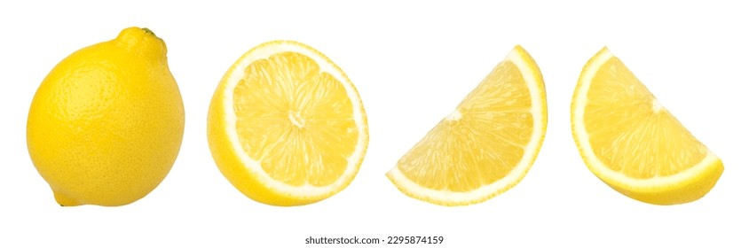 ripe lemon fruit, half and slice lemon isolated, Fresh and Juicy Lemon, collection, cut out	