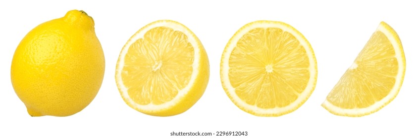 ripe lemon fruit, half and slice lemon isolated, Fresh and Juicy Lemon, collection, cut out
