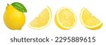  ripe lemon fruit with leaves, half and slice isolated, Fresh and Juicy Lemon, collection, cut out	