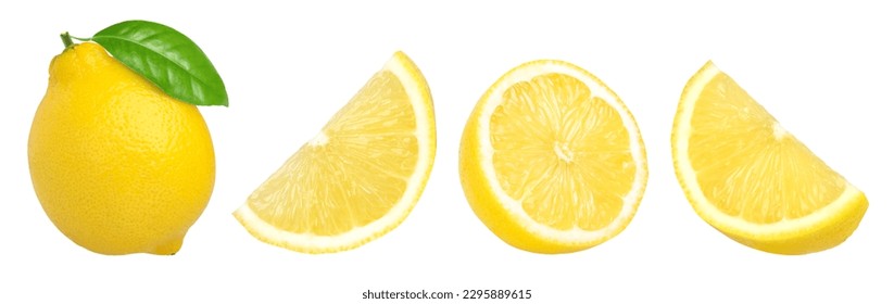  ripe lemon fruit with leaves, half and slice isolated, Fresh and Juicy Lemon, transparent png, collection, cut out	 - Shutterstock ID 2295889615
