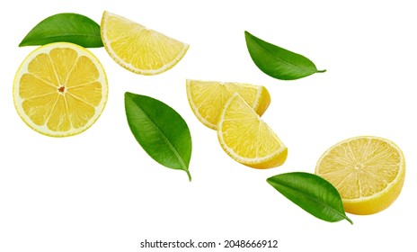 Ripe lemon slices isolated on white background. Ripe lemon with leaves clipping path. Flying lemon fruits - Shutterstock ID 2048666912