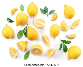 Ripe lemons and lemon leaves on white background. Top view. - Shutterstock ID 771173914