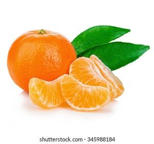 Ripe mandarin with leaves close-up on a white background.
				Tangerine orange with leaves on a white background.
				