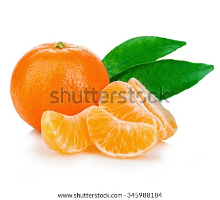 Ripe mandarin with leaves close-up on a white background.
Tangerine orange with leaves on a white background.
