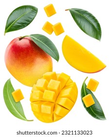 Frutos de mango maduros aislados en fondo blanco. Composición de mango con trazado de recorte. Foto de estudio de macro de Mango