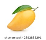 Ripe Mango with green leaf isolated on white background. Clipping path.