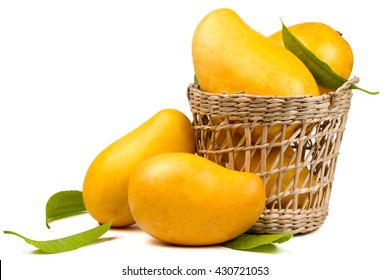 Ripe mangoes fruit in basket with leaves isolated white background
