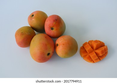 Ripe Mangoes Isolated In White Background, View From Above.