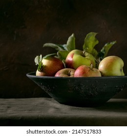 Ripe Organic Gardening Green Red Apples With Leaves In Big Ceramic Dish Standing On Dark Table Cloth. Black Background. Autumn Harvest. Square Image