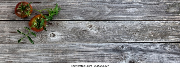 Ripe Organic Tomatoes On Rustic Wood Table In Flat Lay Format 