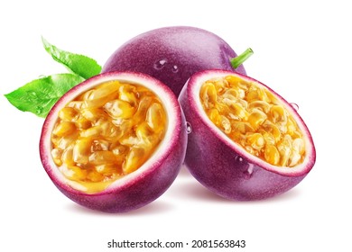 Ripe Passionfruit Whole And Two Halves With Mixed Pulp Isolated On White Background.