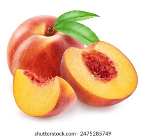Ripe peach with leaf and peach slices on white background. File contains clipping path.