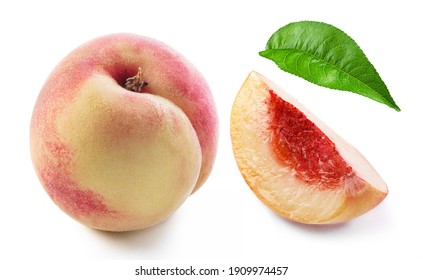 ripe peach with slice and leaf separately isolated white background